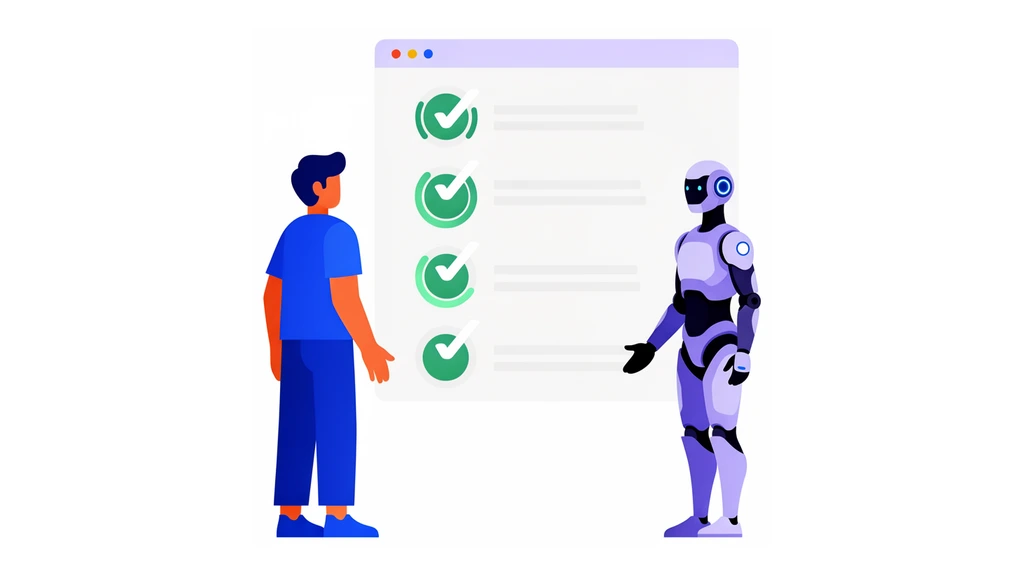 A person and a stylized autonomous agent reviewing a technical website checklist with green checkmark dials.