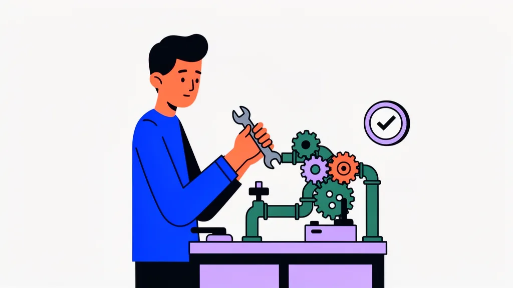 A person calmly repairing a machine of interlocking gears and payment pipes while a status dial confirms the fix.